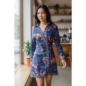 BCBGMAXAZRIA XS Abstract Print Tie Waist Dress Blue Pink Boho Stretch